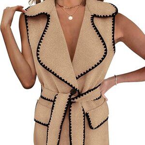 PRETTYGARDEN Women's 2025 Tweed Vest Jackets Sleeveless Lapel Button Front Belt